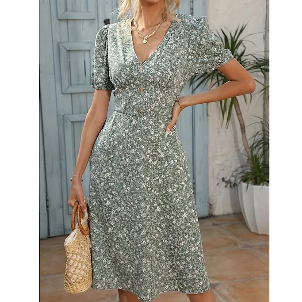 Cottagecore green floral knee-length midi vacation dress new NWT S•M•L